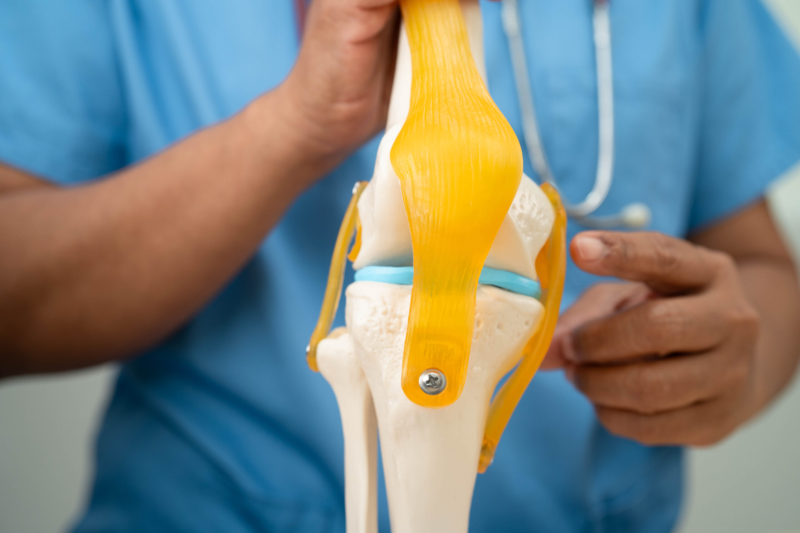 Asian doctor present knee joint model for elderly patient to sur